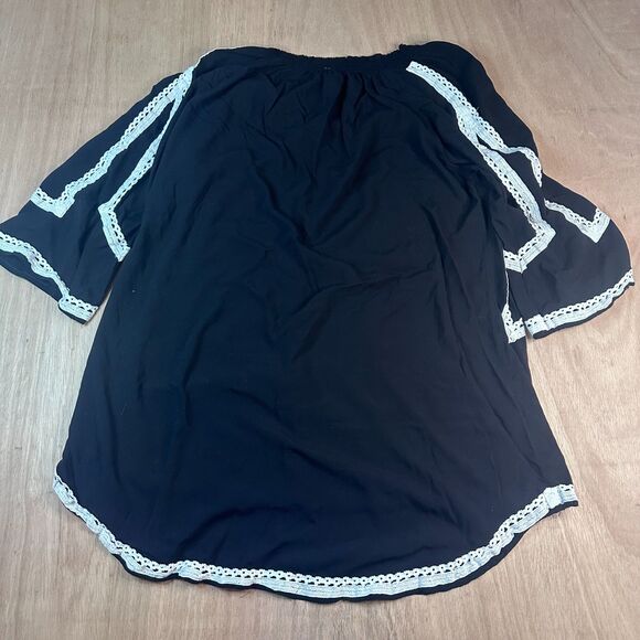 Monoreno Black Boho Tunic Top Mini Dress S Crochet Lace Trim - Picture 2 of 4